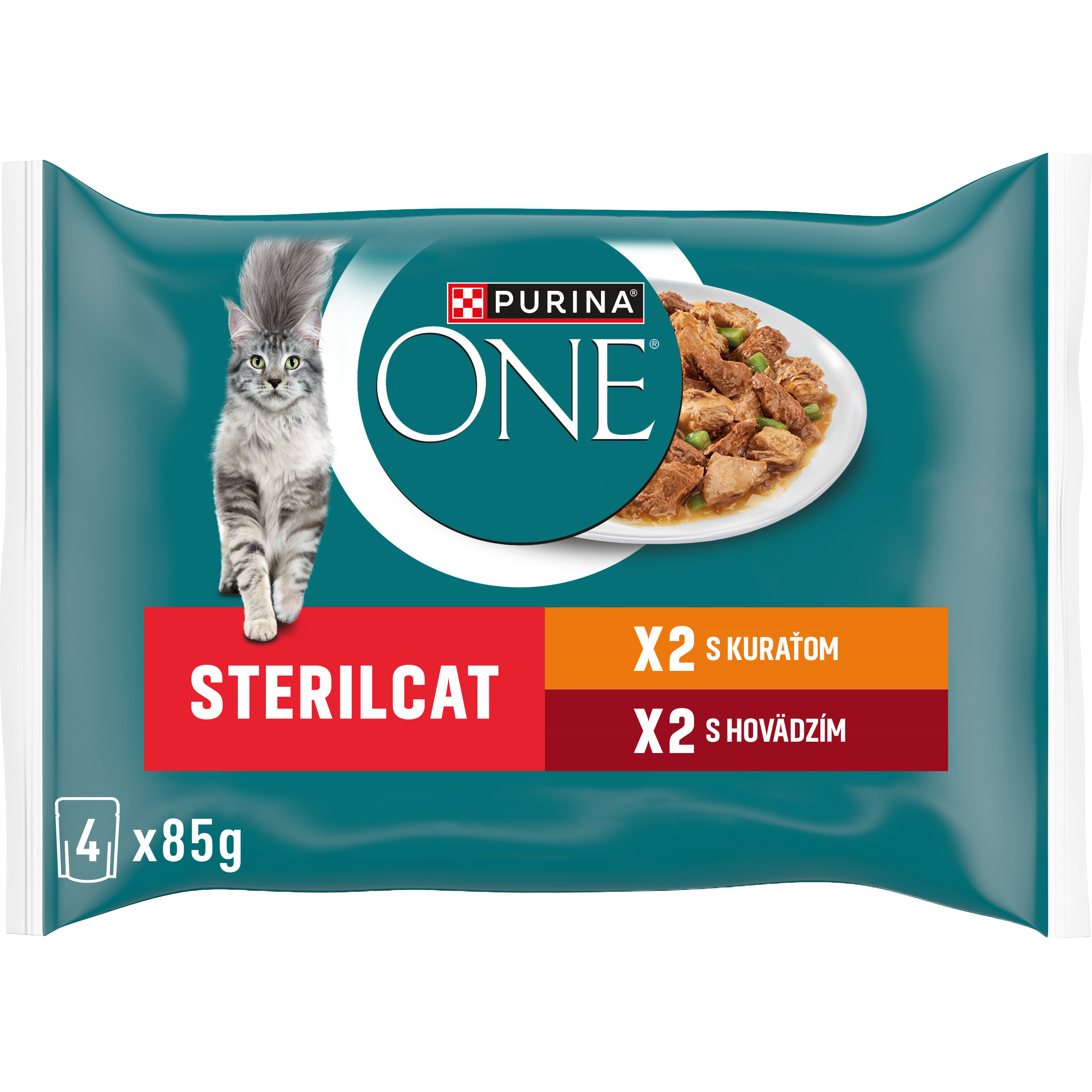 Purina ONE Purina One Sterilcat mini filetky s kuracím a zelenými fazuľkami / s hovädzím a mrkvou v šťave (4x85g)