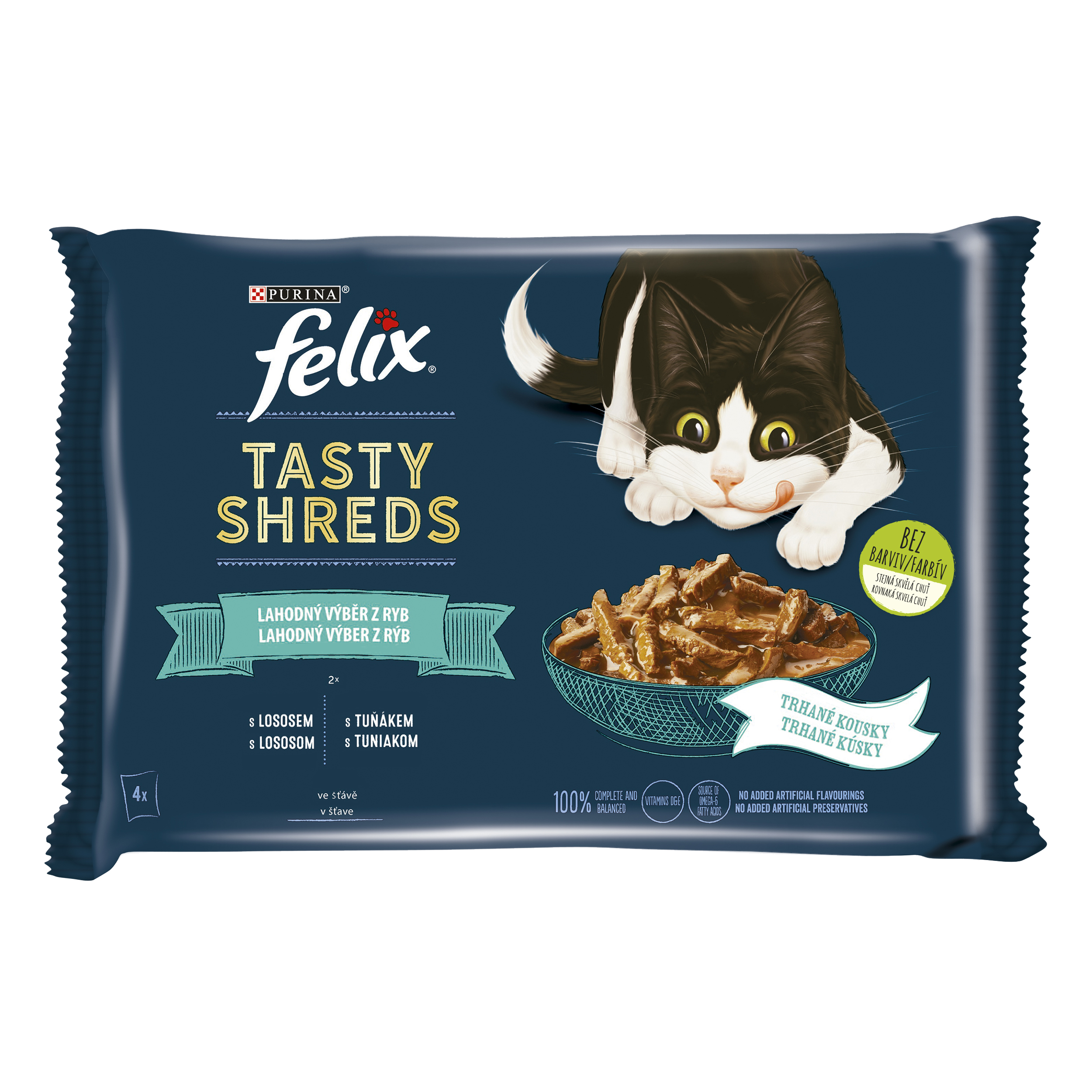 Felix Felix Tasty Shreds kapsičky pre mačky losos, tuniak v šťave 4×80 g