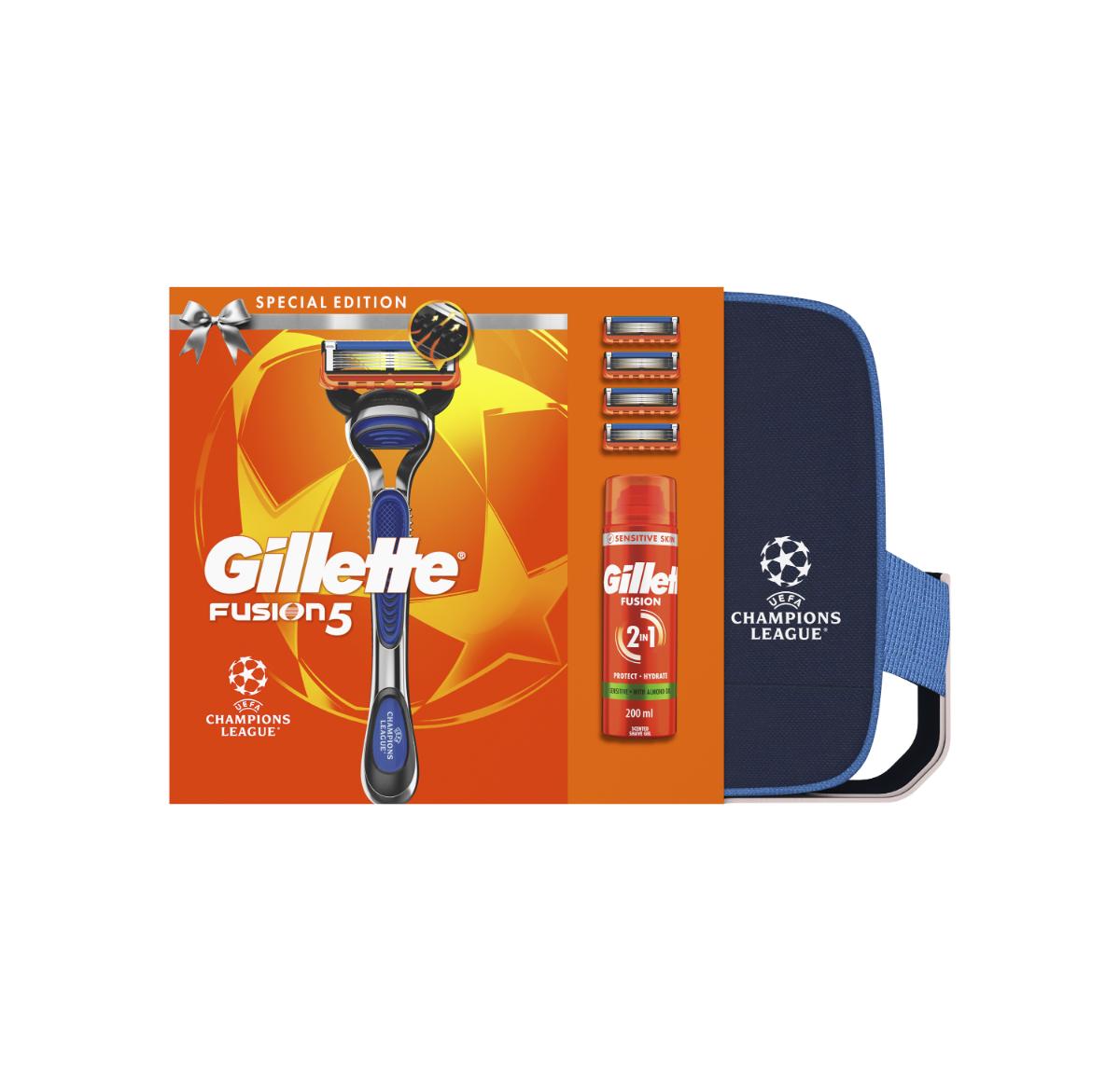 Gillette Xmass set Gillette Fusion5 Uefa Champions League Special Edition pánsky holiaci strojček, 4 hlavy + gél na holenie Fusion Sensitive 200ml