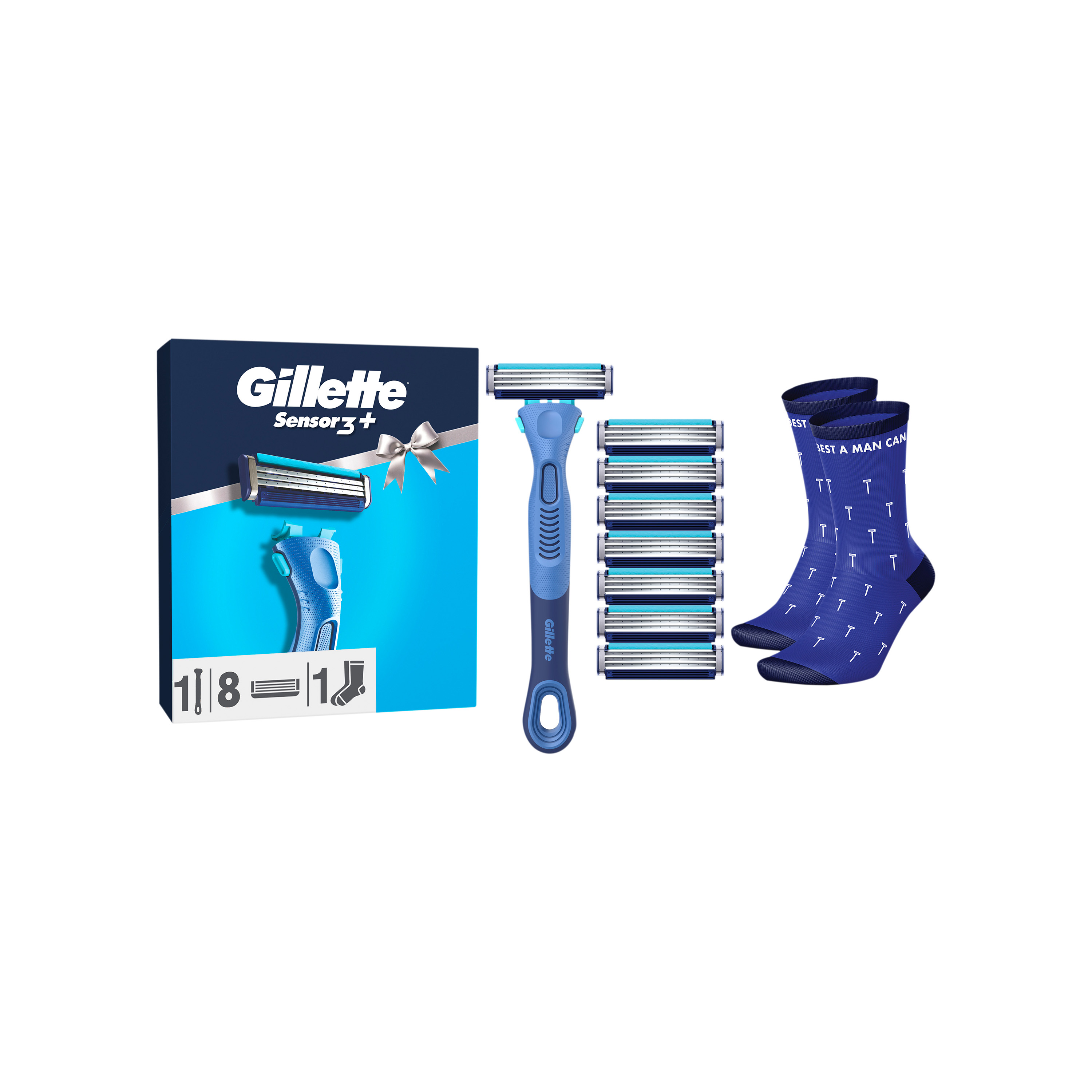 Gillette Gillette Sensor 3+ darčeková sada: pánsky holiaci strojček, 8 náhradných hlavíc, ponožky