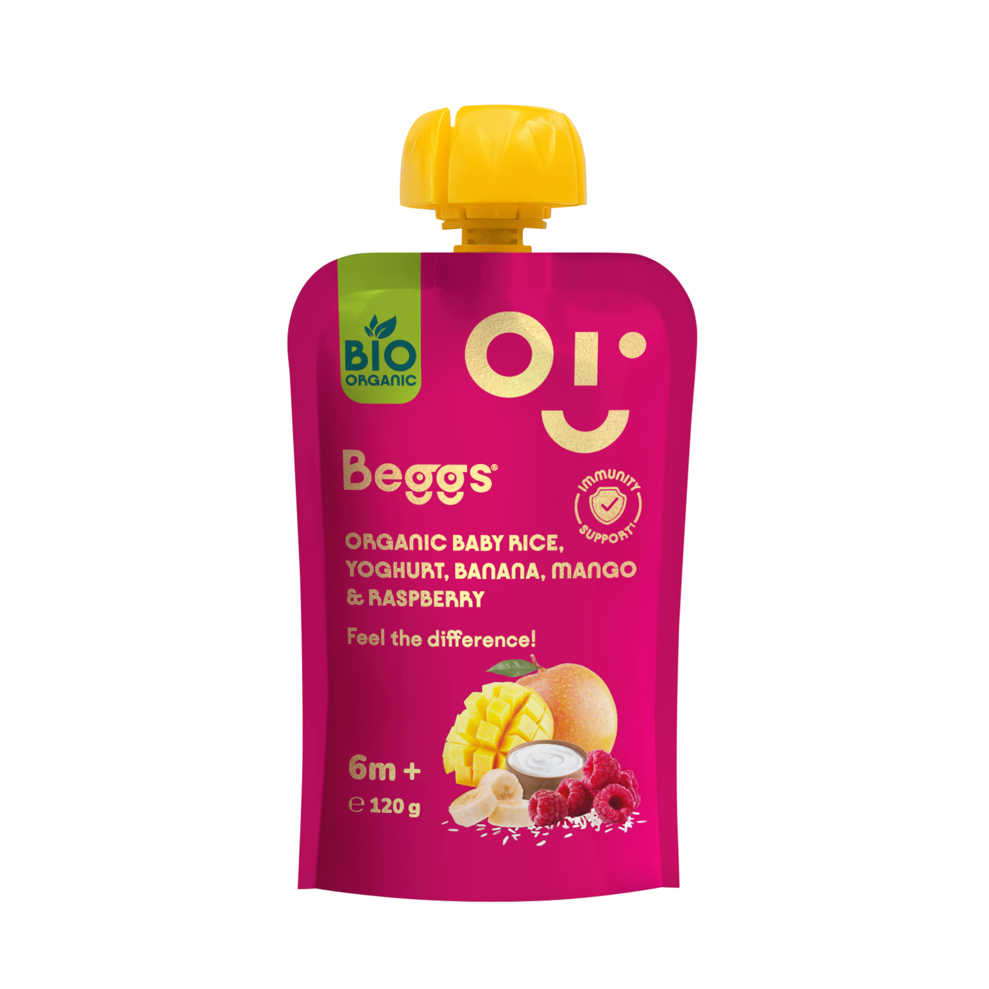Beggs Beggs Bio Detská ryža s jogurtom, banánom, mangom a malinami (120 g)