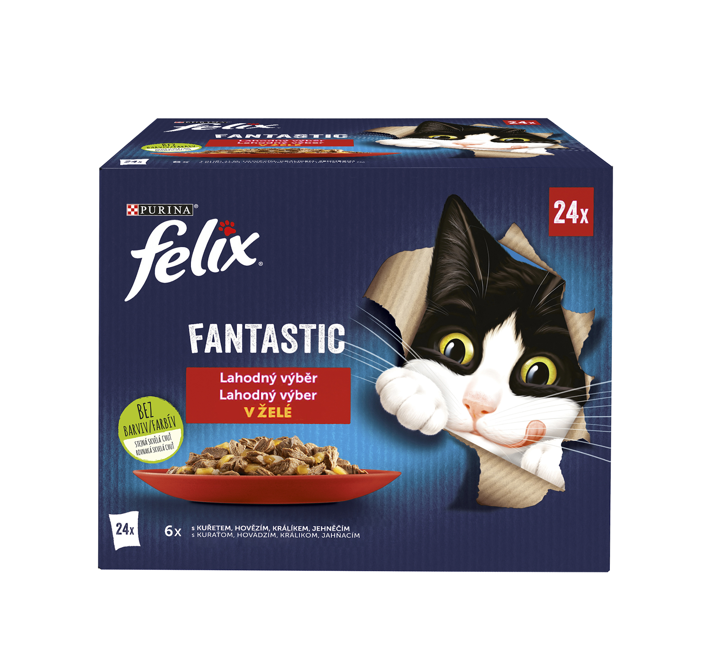 Felix Felix Fantastic kapsičky pre mačky kura, hovädzie, králik, jahňacie v želé 24×85 g
