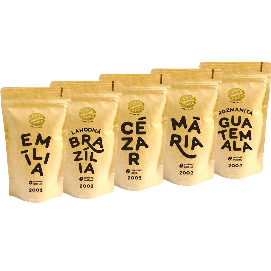 Zlaté Zrnko Káva Zlaté Zrnko – Spoznaj 5 káv na sladké espresso 1000g (Emília, Brazília, Cézar, Mária, Guatemala)
